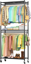 Clothes Rack - 33.0" x 12.2" x 79.5" Clothing Rack with Shelves & Wheels, Multi-Functional Wardrobe Closet with Hooks, Sturdy Metal Garment Rack for Bedroom, Laundry, Balcony (Black)