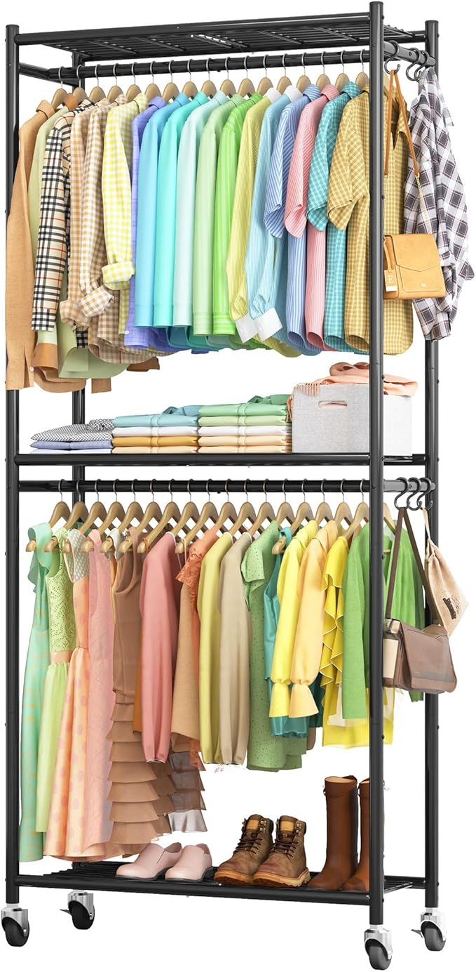Clothes Rack - 33.0" x 12.2" x 79.5" Clothing Rack with Shelves & Wheels, Multi-Functional Wardrobe Closet with Hooks, Sturdy Metal Garment Rack for Bedroom, Laundry, Balcony (Black)
