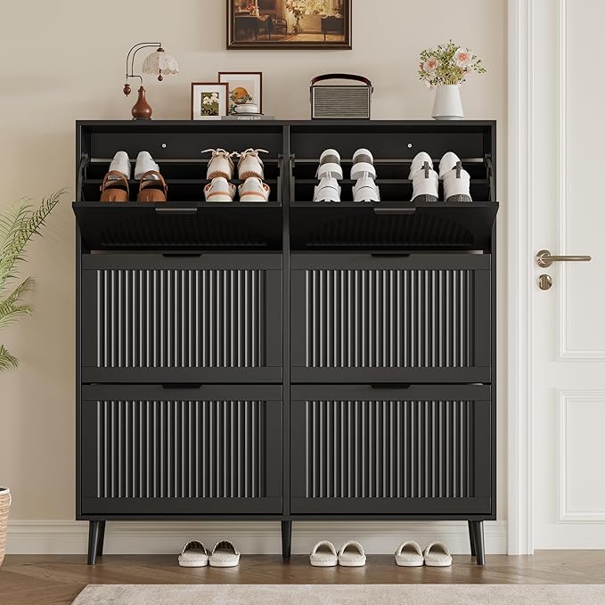 Shoe Cabinet for Entryway with 6 Flip Drawers, Slim Wooden Shoe Storage Organizer with Modern Fluted Pannel，Freestanding Narrow Hidden Shoe Rack for Hallway, Foyer, Living Room