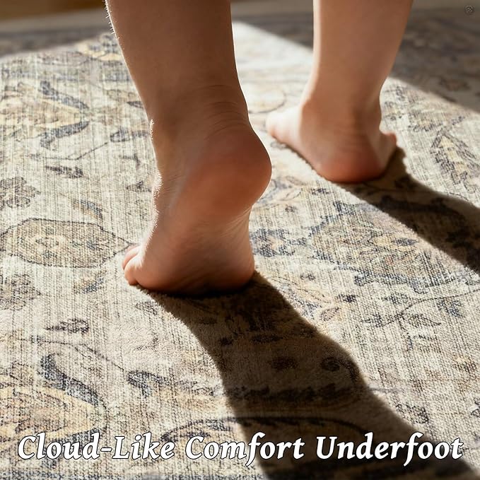 Washable 6x9 Area Rugs for Living Room, Boho Non-Slip Vintage Distress Large Rugs for Bedroom Dining Room Nursery Office, 0.3" Neutral Oriental Throw Thin Carpet, Flaxen/Brown/Multi