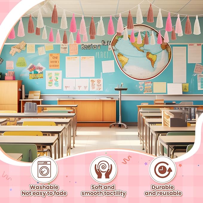 WILLBOND 4 Pieces Valentine's Day Tassel Garland for Classroom Wall Decor Boho Pastel Garland Cotton Tassel Banners for Party School(6.2 Inch,Cute Colors)