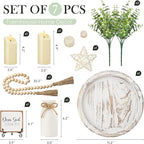 Rustic Modern Farmhouse Decor Set of 7 for Your Living Room, Kitchen Counter, Home or Table Centerpieces Room Decor, Wood Round Decorative Tray Gifts for Women Men (White)