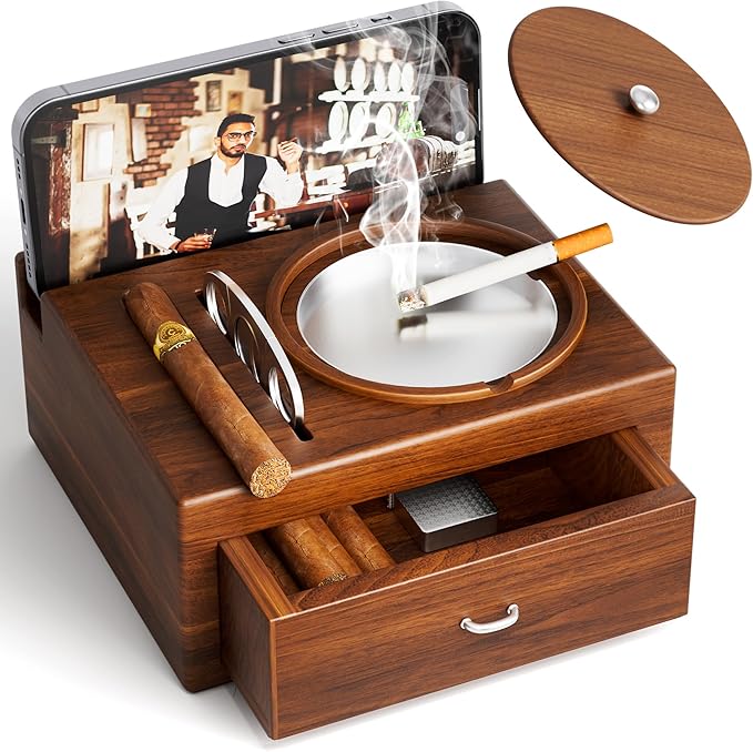 Father Day Gifts Wood Cigar Ashtray Cigarettes Ashtrays for Indoor Outdoor Patio Home Office Use Square Wooden Brown Cigar Ash Tray Father s Day Gift Ideas for Men with GIFT BOX(with Drawer)