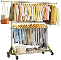 Luxspire Heavy Duty Clothes Rack Load 600 LBS, Double Rod Clothing Rack, Rolling Garment Racks with Lockable Wheels, Shelves, Adjustable Laundry Hanging Racks for Clothes, Gold