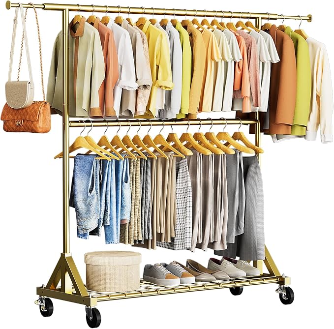Luxspire Heavy Duty Clothes Rack Load 600 LBS, Double Rod Clothing Rack, Rolling Garment Racks with Lockable Wheels, Shelves, Adjustable Laundry Hanging Racks for Clothes, Gold