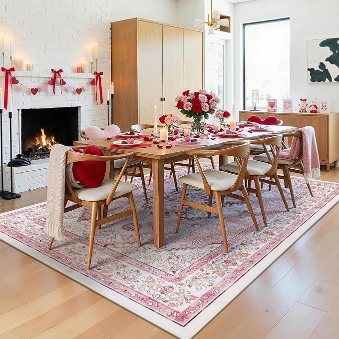 U'Artlines Pink Area Rug 5x7 Boho Washable Soft Carpet for Living Room Bedroom Dining Room Office Indoor Rugs for Home Decor