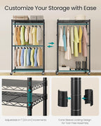 SONGMICS Heavy-Duty Rolling Clothes Rack, Garment Rack, Portable Closet on Wheels, with Adjustable Mesh Shelves and Hanging Rails, Hooks, 15.8 x 35.4 x 78.3 Inches, Ink Black ULGR416BH01