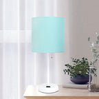 Oslo 19.5" Contemporary Bedside Power Outlet Base Standard Metal Table Desk Lamp in White with Aqua Drum Fabric Shade