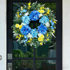 26 Inch Spring Wreaths for Front Door Outside Large Artificial Summer Wreath Silk Hydrangea Wreath with Yellow Daisy and Eucalyptus Leaves Indoor Outdoor Porch Rustic Farmhouse Home Wall Wedding Decor