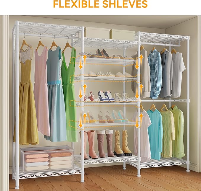 H12 Heavy Duty Clothes Rack with Adjustable 5-Tier Shoe Rack, Metal Clothing Racks for Hanging Clothes, Freestanding Shoe Organizer Large Garment Racks, 15.7" D x 68.7" W x 76.4" H, White