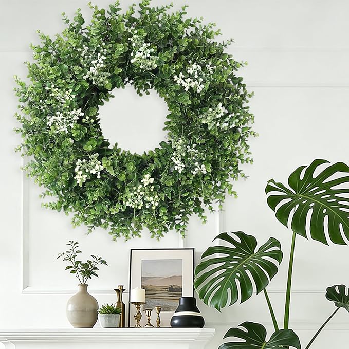 26'' Large Boxwood Wreath for Front Door Artificial Spring Wreath Boxwood Leaves Greenery Outdoor Door Wreaths for Porch Window Home Farmhouse Wall Decor Green Year Round Indoor Outdoor All Seasons