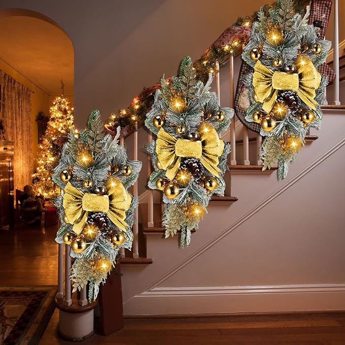 Lyrow 4 Pcs Cordless Prelit Christmas Artificial Swags 24" Xmas Stairway Swag Teardrop Trim Christmas Staircase Decoration Battery Operated Garland Indoor Outdoor Railing Decor (Chic Style)
