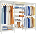 H12 Heavy Duty Clothes Rack with Adjustable 5-Tier Shoe Rack, Metal Clothing Racks for Hanging Clothes, Freestanding Shoe Organizer Large Garment Racks, 15.7" D x 68.7" W x 76.4" H, White