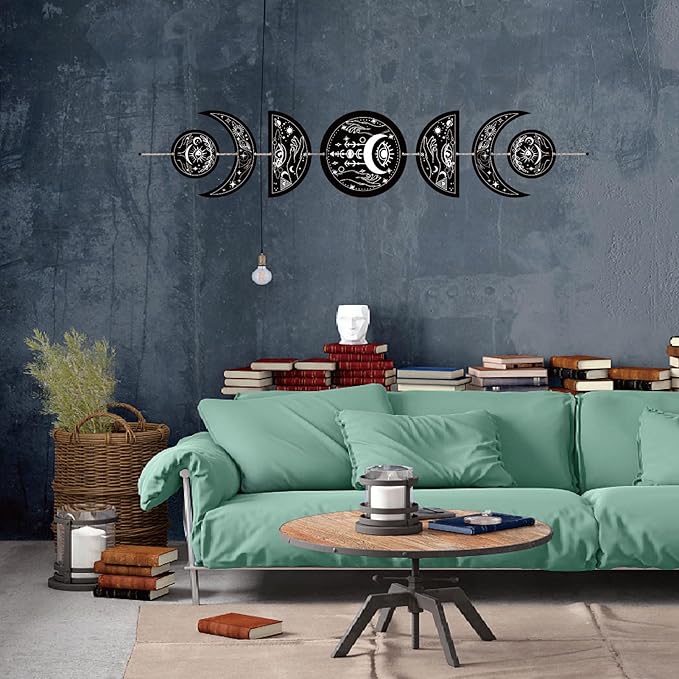 CREATCABIN 7Pcs Eyes Hands Moon Cycle Decor Boho Ornament Half Round Wood Pendant Moon Phase Decoration Halloween Ramadan Home Art Wall Hanging for Bedroom Farmhouse Gallery Apartment Bar 37.1x6.3in