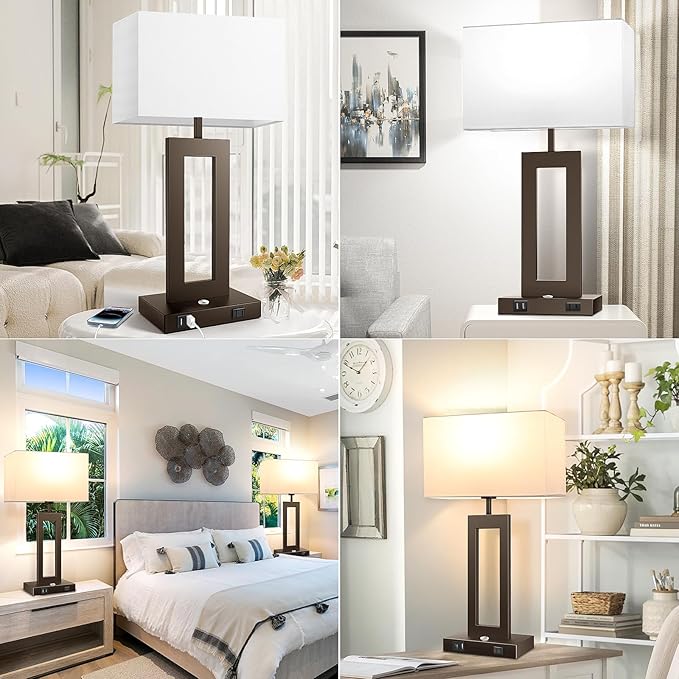 27.2’’ Tall Brown Table Lamps for Living Room Bedroom, Bedside Touch Control Lamps with 2 USB Ports&AC Outlet, 3 Color Temp.&Stepless Dimming Desk Lamp Sets for Home Office, Pre-assembled White Shade