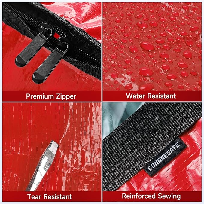 CONGREGATE 8-Pack Heavy Duty Red Moving Bags with Zippers and Handles, Heavy Duty Storage Handbags for Space Saving, Made of PE, 97 Liters/25.6 Gallons (28.7 Inch x 13.7 Inch x 15 Inch)