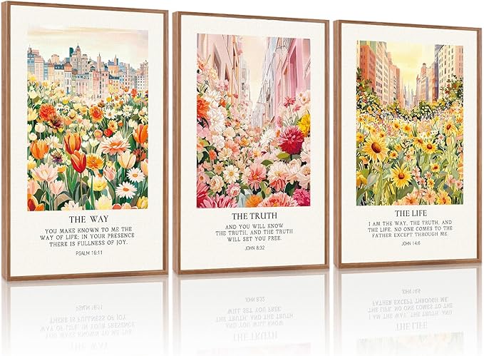 KAlRNE Christian Floral Framed Canvas Wall Art Set of 3(16”X24”),Bible Verse Cityscape Wall Decor,Vintage Colorful Flower Picture Inspirational Scripture Art Prints For Living Room Bedroom Church