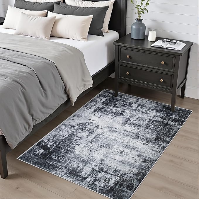 Washable Area Rug 3x5 Entryway Rug: Washable Modern Abstract Soft Thin Rug Indoor Floor No Slip Stain Resistant Carpet for Bedroom Dining Room Farmhouse Nursery Home Office - Dark Black
