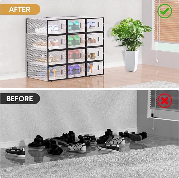 BALEINE 6 Pack Stackable Shoe Storage Boxes Fit Size 9, Thickened Clear Shoe Box Bins with Lids, Plastic Foldable Shoe Rack Organizer Sneaker Storage Containers (Large, White)
