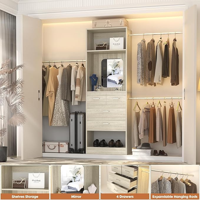 Unikito 8FT Closet System, Customizable 96 Inch Closet Organization Kit with 25” Tower and 3 Extendable Hanging Rod(Can Be Cut to Fit), Heavy Duty Clothing Racks with 4 Drawers and Shelves, White Oak