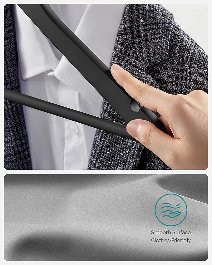 SONGMICS Set of 20 Wooden Hangers with Rubber Coating, Non-Slip Coat Hangers with Shoulder Grooves, Pants Bar, 360° Swivel Hook, for Jackets, Shirts, Black UCRW011B02