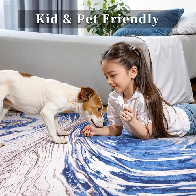 Ciicool 2x6 Washable Runner Rug, Modern Abstract Swirl Soft Hallway Rugs Runner, Non-Slip Thin Accent Rug Lightweight Blue Brown Print Distressed Carpet for Laundry Entryway Bedroom Kitchen Indoor