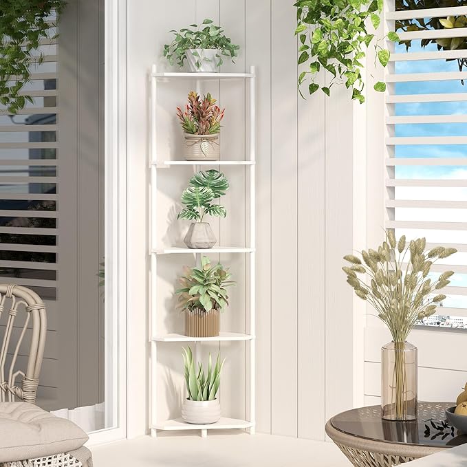 Wisuce Corner Shelf Stand - 5 Tier White Bamboo Small Corner Bookshelf for Office Kitchen Bedroom Plant Stand Living Room Decor Small Space