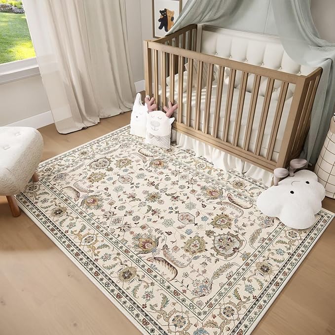Washable 5x7 Area Rugs for Living Room, Boho Non-Slip Vintage Distress Rugs for Bedroom Dining Room Nursery Office, 0.3" Neutral Oriental Throw Thin Carpet with Cushioning Pad, Beige/Rust/Green/Multi