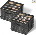 SONGMICS Shoe Organizer for Closet, Set of 2, Shoe Storage Box with Clear Lid, Foldable Fabric Bins, Holds 32 Pairs Total, Reinforced Handles, 16.5 x 16.5 x 12.5 Inches, Ink Black ULSP602B01