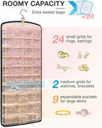 BAGSMART Hanging Jewelry Organizer, Necklace Holder Anti-tangle Earrings Rings Hanger with 20 Jewelry Bags Travel Storage Roll with Pockets Hang on Closet, Wall, Door,1 Piece, Large, Black