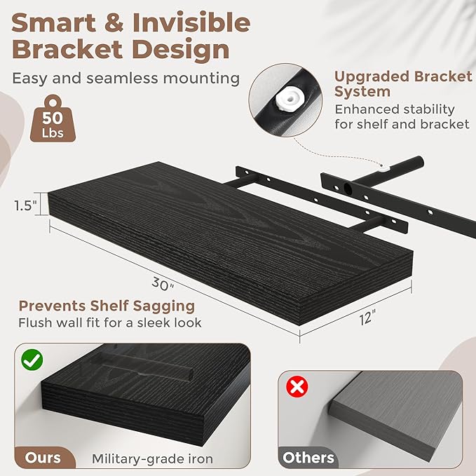 30 Inch Floating Shelves for Wall Set of 2, 12"D Wood Grain Bathroom Shelves with Invisible Brackets, Easy Install Engineered Wood Storage Shelves for Kitchen, Living Room, Bedroom, Black Finish