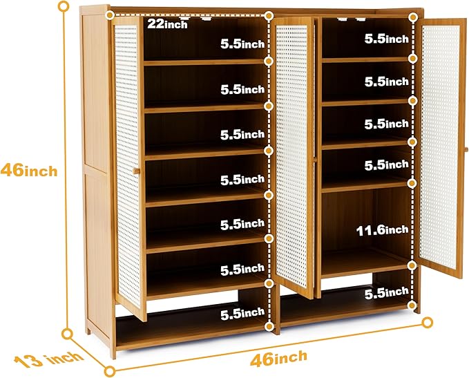 Upgraded Shoe Storage Cabinet,39 Pairs Rattan Shoe Cabinet Storage,8 Tier 45" Tall Large Shoe Cabinet,Boho Farmhouse Cabinet with Doors for Hallway Living Room Closet(47.2" W 8 Tier)