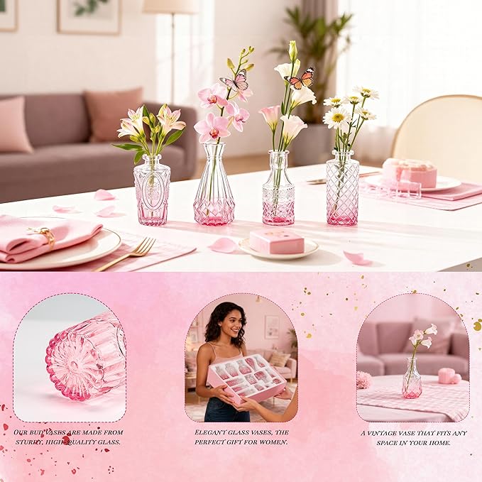 Der Rose Glass Bud Vases Set of 32 Small Pink Flower Vases for Rustic Wedding Centerpieces Table Decorations and Home Office Decor(Pink)
