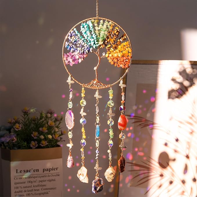 Chakra Dream Catchers Chakra Crystals Stones Crystal Sun Catcher for Windows Hanging Decoration Garden Wall Meditation Yoga Room Decor