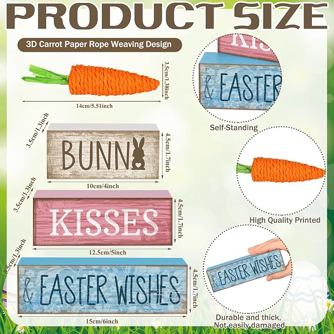 Moucuny 4 Pcs Easter Table Decoration Wooden Block Carrot Decor Easter Tiered Tray Decoration Cute Bunny Centerpiece Rustic Carrot Sign Gift for Holy Week Kitchen, Party, Entryway Fireplace Decor