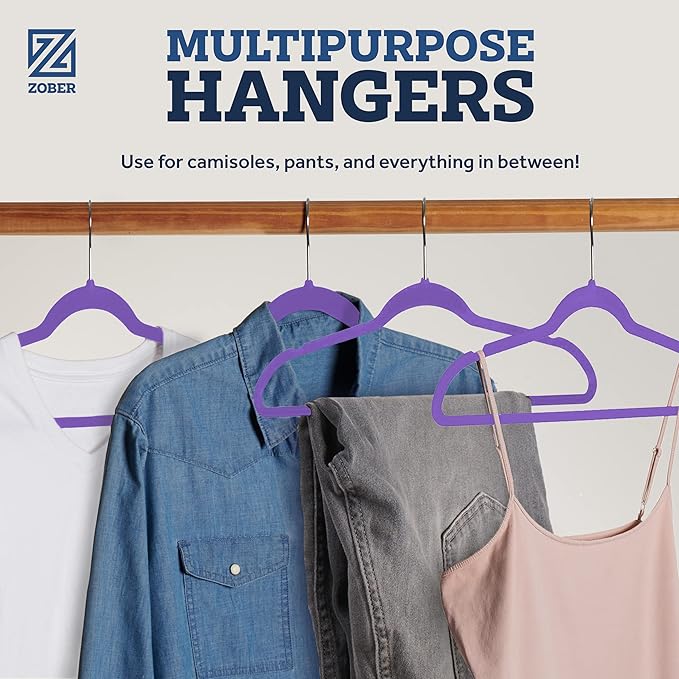 ZOBER Purple Velvet Hangers 50 Pack - Clothes Hangers, Coat Hanger for Pants & Dress Clothes - Non Slip w/ 360 Degree Swivel, Holds up to 10 lbs - Strong Felt Hanger for Clothing