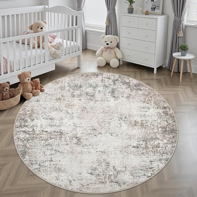 Round Area Rug for Living Room: 8 ft Washable Modern Abstract Soft Thin Rug Indoor Floor No Slip Stain Resistant Carpet for Bedroom Dining Room Farmhouse Nursery Home Office - Brown Grey