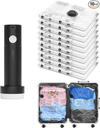 Vacuum Bags for Travel with Rechargeable Pump, 10 Large Compression Packing Seal Bags for Luggage Suitcase, Space Saver for Clothing and Clothes Storage Travel