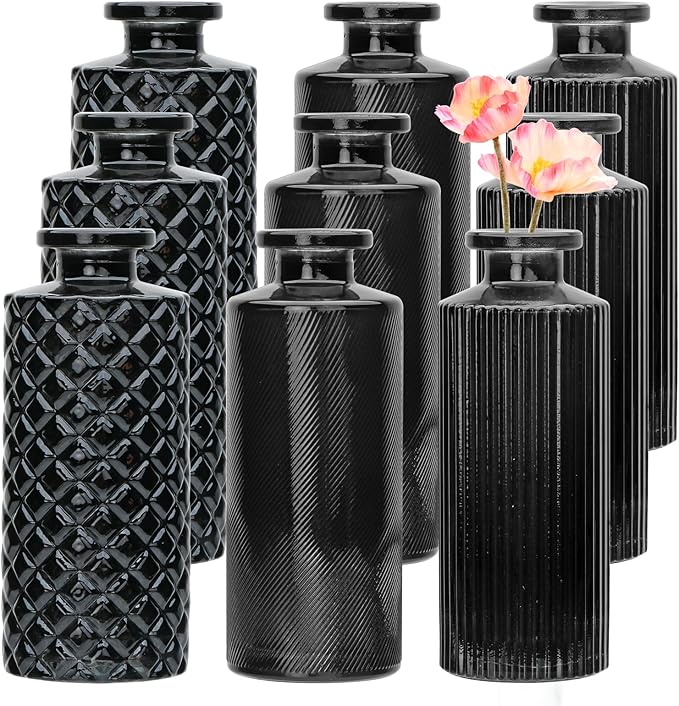 Brajttt Glass Bud Vase Set in Bulk, 9pcs Mini Vintage Flower Vases for Wedding,Black Relief Vase for Centerpieces,Home Table Flower Decor, Party Decorations