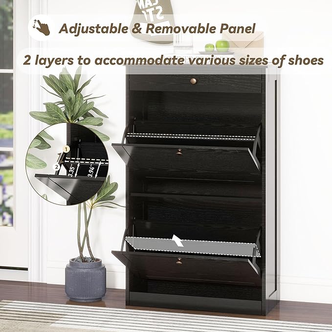 Shoe Cabinet with 2 Flip Drawers, Slim Freestanding Hidden Shoe Organizer with Drawer, Pet-Proof Shoe Storage Cabinet for Entryway Living Room Behind The Door, Black