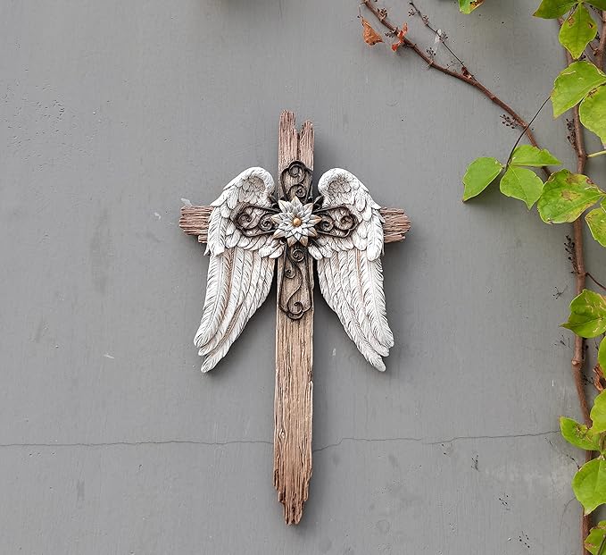 BC Home Decor Angel Wings Crosses Wall Décor, 12" H Angel Decoration Gifts For Women, Rustic Decor Style, Inspirational Wall Sculpture, Hand Painted by Buildclassic
