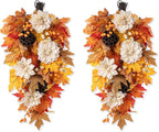 Glitzhome 2 Pcs Fall Teardrop Swags for Front Door, 28''H Autumn Swag with Lotus, Lotus Pod and Berry, Fall Swags for Front Door, Thanksgiving Harvest Festivals Decor