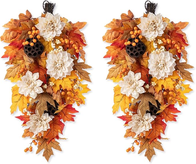 Glitzhome 2 Pcs Fall Teardrop Swags for Front Door, 28''H Autumn Swag with Lotus, Lotus Pod and Berry, Fall Swags for Front Door, Thanksgiving Harvest Festivals Decor