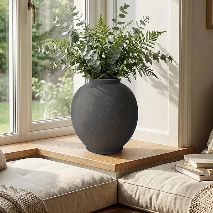 Black Ceramic Large Vase - 11 Inch Round Modern Ceramic Vases,Tall Vase for Decor Living Room Table Decor and Festive Home Interiors