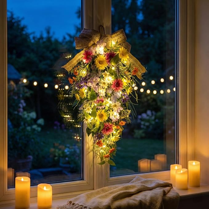 25 Inch Lighted Spring Summer Teardrop Swag with Timer Daisies Wildflower Burlap Bow Farmhouse Floral Decor for Front Door Wall