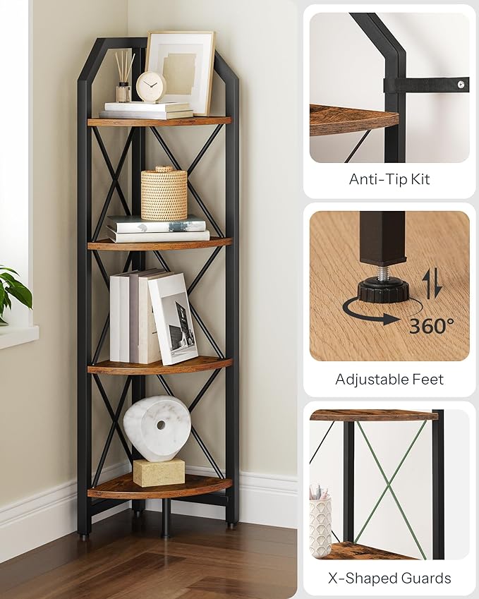 CHOEZON 4-Tier Rustic Brown and Black Corner Shelf, 4-Shelf Industrial Corner Bookshelf, Space-Saving Corner Storage Stand, Plant Stand Display Shelf, Bedroom, Living Room, Home Office