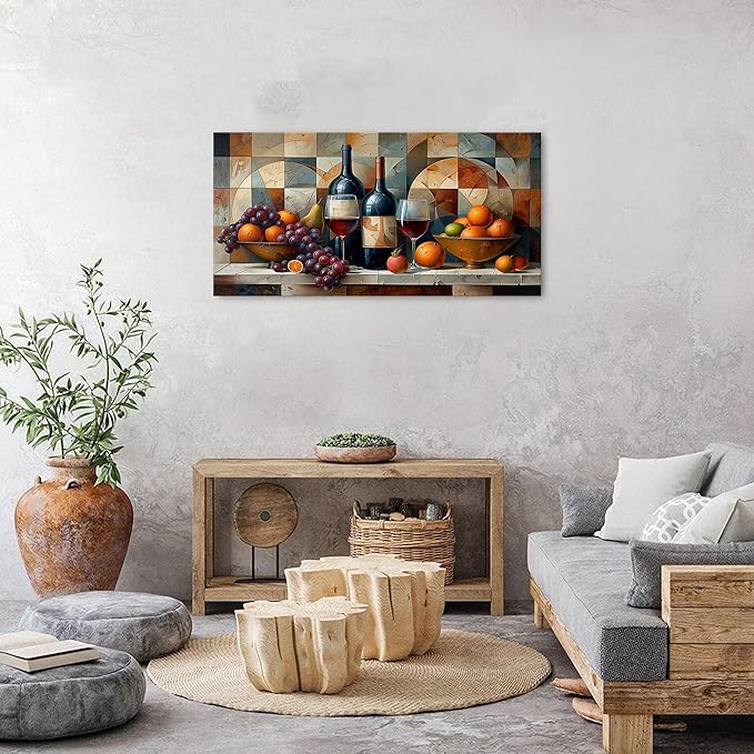 Abstract Kitchen Wall Art Geometric Dining Room Wall Decor Red Wine Glass Canvas Prints Pictures Rustic Farmhouse Fruits Still Life Painting Living Room Wine Bar Art Wall Decor Home Decorations 20x40"