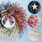 22 Inch Large Patriotic Wreath with Flag Bow, Red White Blue Forsythia Flowers & White Stars, Memorial Day 4th of July Front Door Decor