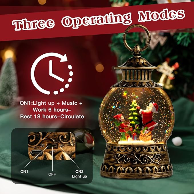 Christmas Santa Snow Globe, Christmas Musical Snow Globe Lantern Lights with 6H Timer Battery & USB Powered, Retro Style Holiday Glitter Globe for Xmas Home Decoration Holiday Party Gifts