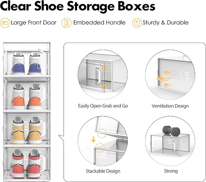 SEE SPRING X-Large Shoe Storage Box Fit Size 11, Clear Plastic Stackable Shoe Organizer for Closet, Space Saving Sneaker Shoe Rack Containers Bins Holders for Entryway, 12 Pack Clear